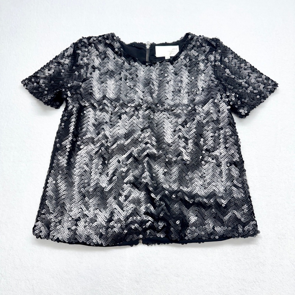 JOA Chevron Sequin Top Womens Size S Black Sparkly Party Short Sleeve BC2993